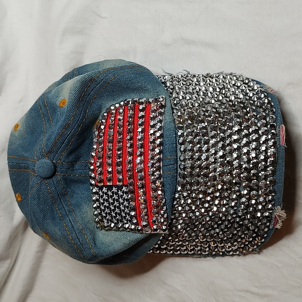Bling American Flag Denim Distressed Jean Cap USA Hat
